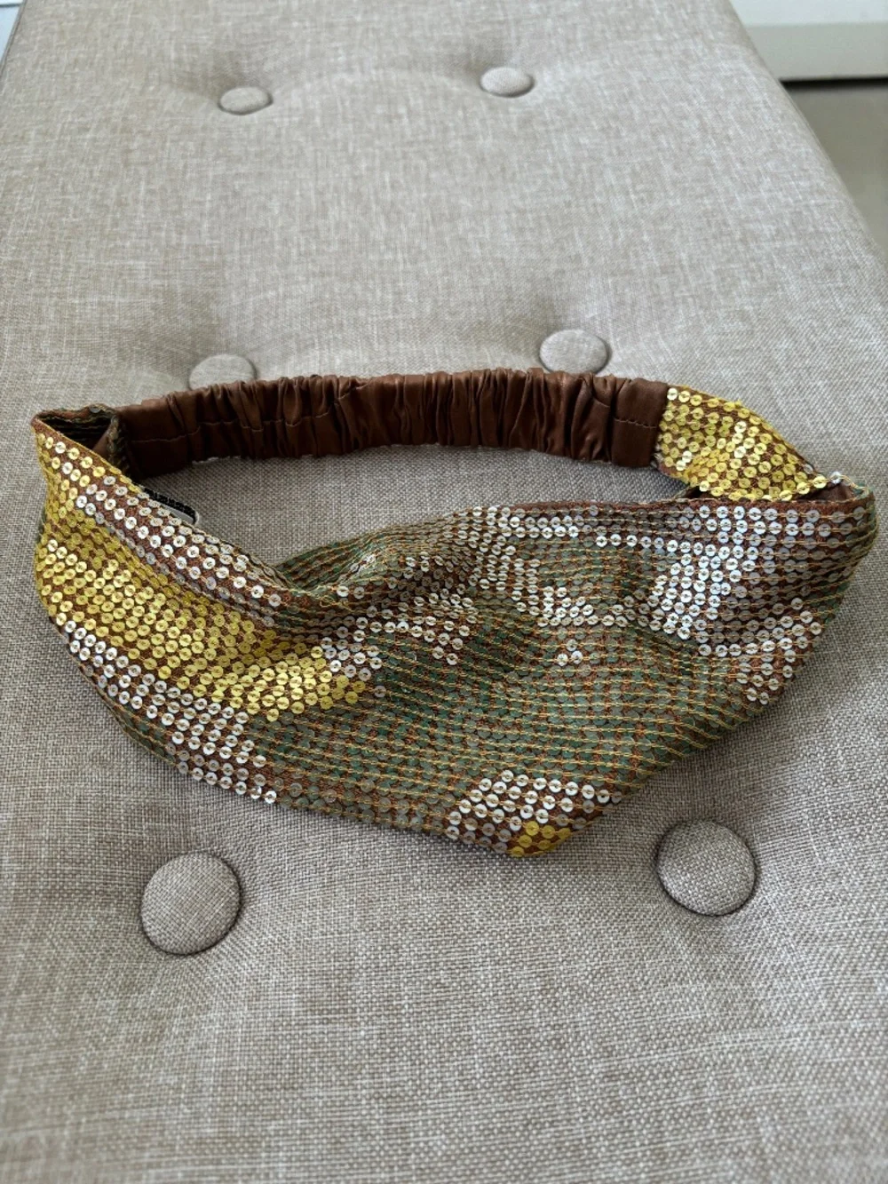 Vintage Eugenia Kim Silk sequin multi brown/ gold headband
